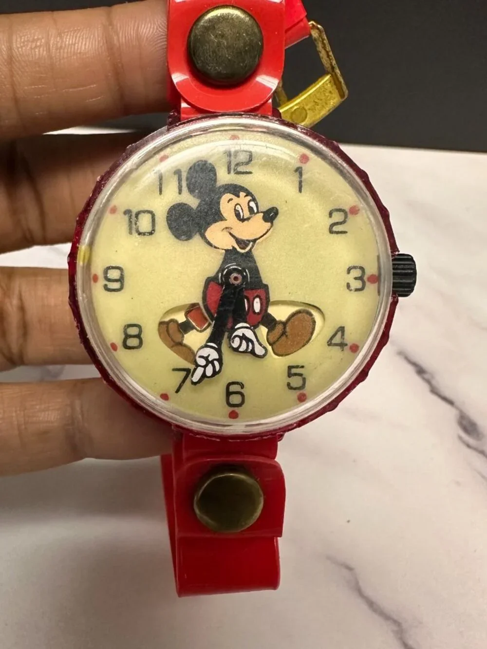 Vintage Mickey Mouse Wind Up Watch Kids Red Plastic Marx Toys 1970s Working 7.5
